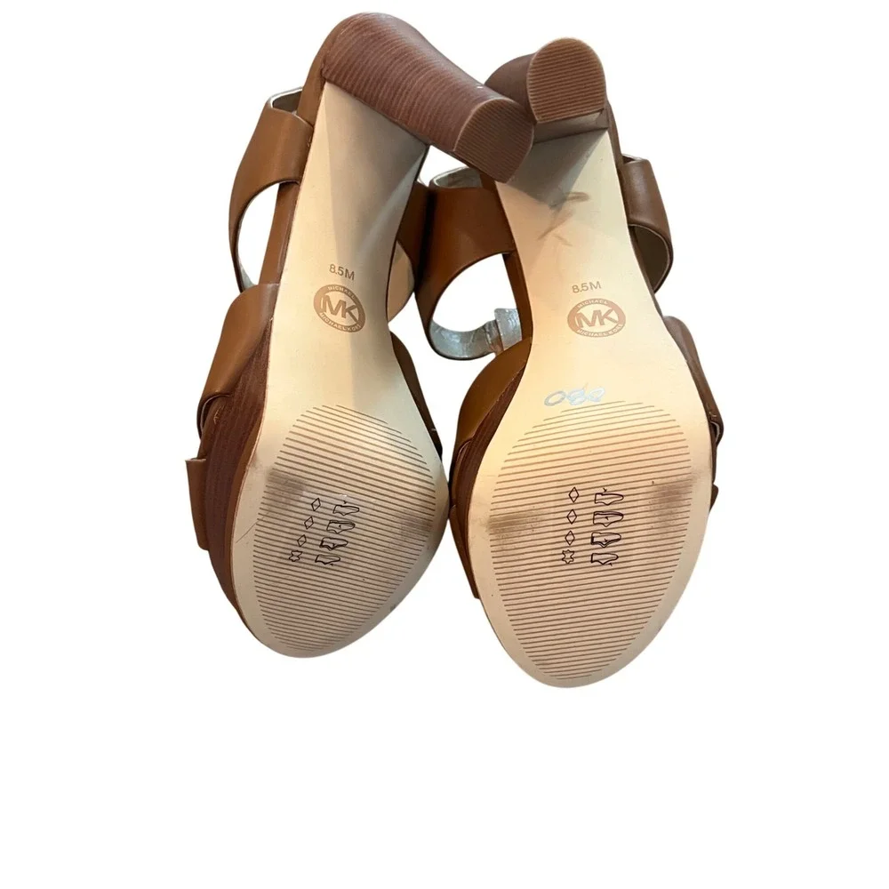 Michael Kors Luggage Brown Leather Zip Front Platform Block Heel Sandals 8.5